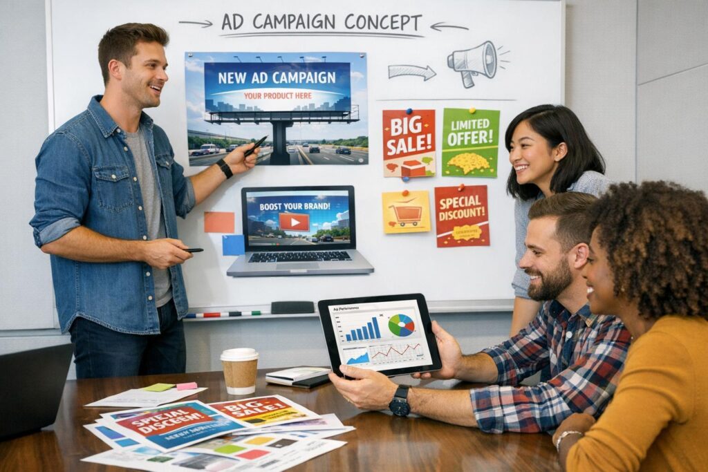 Marketing team reviewing campaign performance and planning creative optimisation to prevent campaign fatigue.