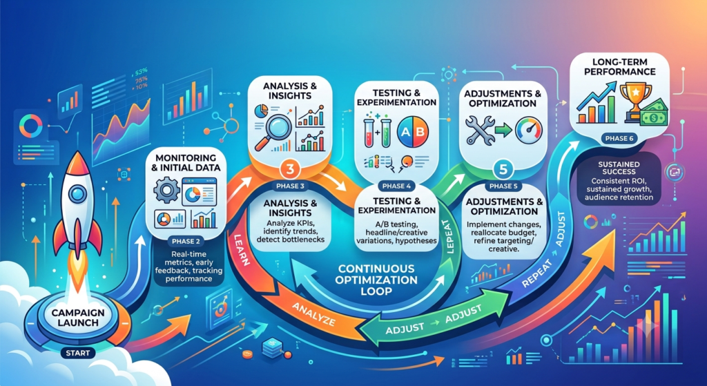 Marketing Campaign lifecycle showing continuous optimisation from launch to long-term performance