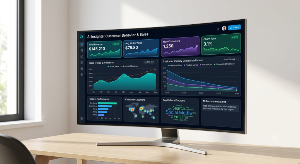 AI analytics dashboard displaying customer behavior and sales insights
