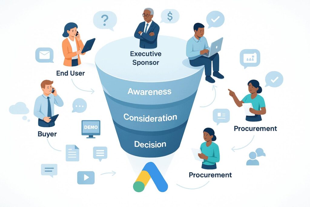 Modern B2B buying journey involving multiple stakeholders across the decision process.
