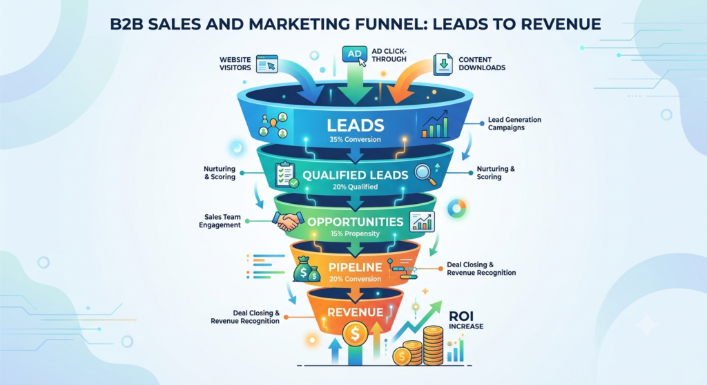 B2B marketing funnel from leads to revenue